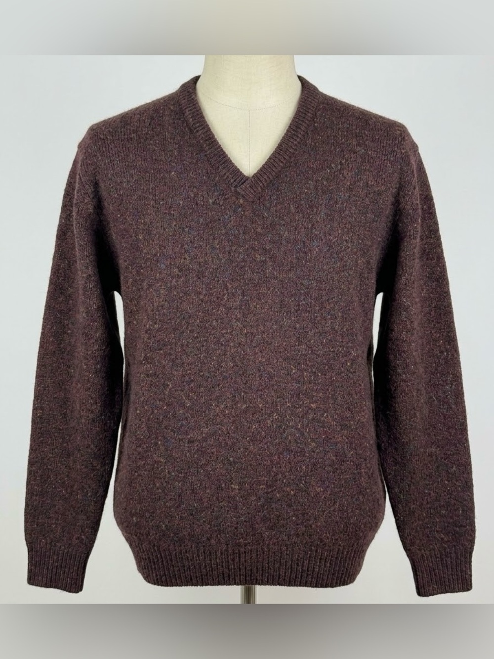 Vintage Modango Homme Mens Large V-Neck Wool Sweater Burgundy Heathered Fleck